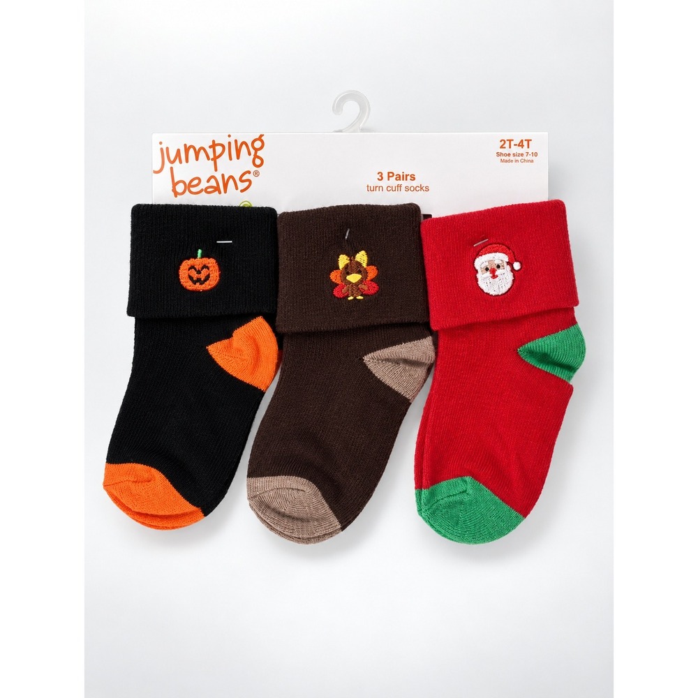 Jumping Beans 3-Pair Holiday Turn Cuff Socks 2T-4T Pumpkin Turkey Santa